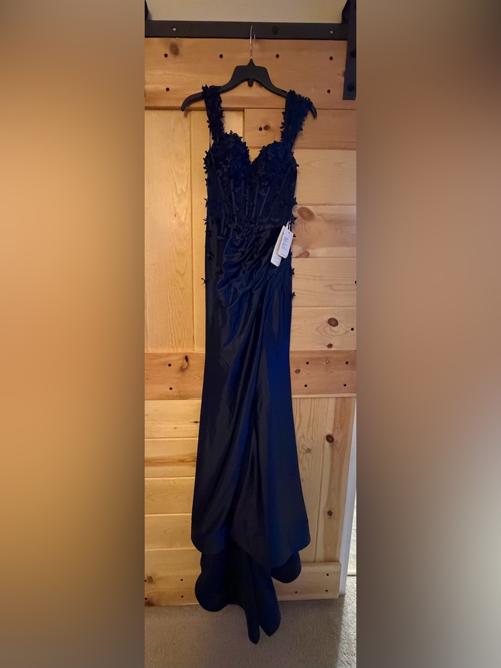 Navy Stacees Floral Appliqué Evening Gown - Elegant Formal Dress